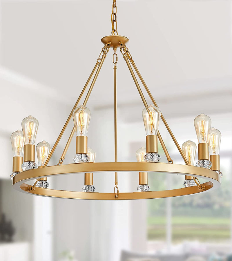 MEIXISUE Large Modern Wagon Wheel Chandelier Gold Metal round Luxury Industrial Country Chandelier Light Fixture for Dining Room Living Room Foyer Entryway W40.55 12-Lights UL Listed Home & Garden > Lighting > Lighting Fixtures > Chandeliers MEIXI 10-Lights gold  