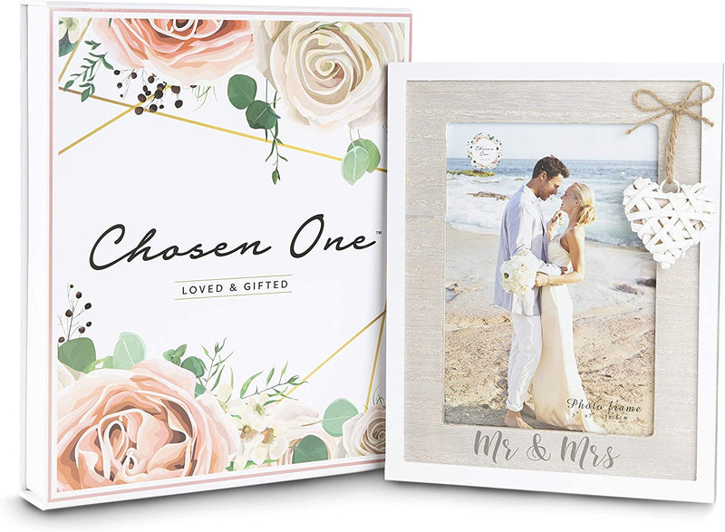 Mr & Mrs 5X7 Picture Frame by Chosen One – Rustic White Picture Frames with Heart Accent – Bridal Shower Gifts, Engagement Frame and Wedding Gifts for the Couple – Beach Style Wooden Picture Frame Home & Garden > Decor > Picture Frames Chosen One Loved & Gifted   