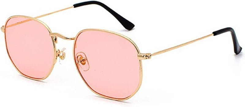 PJRYC Men Women Sunglasses Square Polygon Sun Glasses Retro Shades Metal Frame Eyewear (Lenses Color : C05 Gold Red) Sporting Goods > Outdoor Recreation > Cycling > Cycling Apparel & Accessories PJRYC C04 Gold Pink  