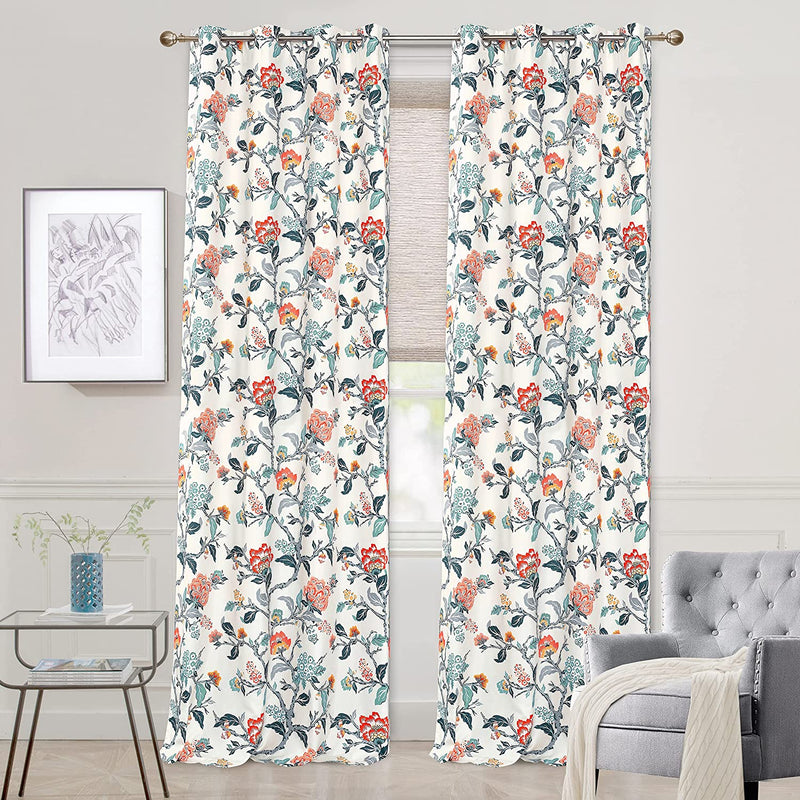 Driftaway Ada Floral Botanical Print Flower Leaf Lined Thermal Insulated Room Darkening Blackout Grommet Window Curtains 2 Layers Set of 2 Panels Each 52 Inch by 84 Inch Ivory Orange Teal