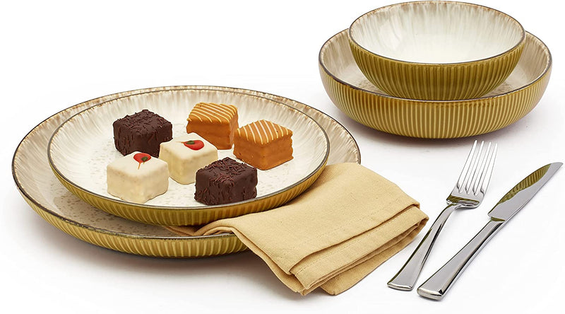 Tabletops Gallery Speckled Farmhouse Collection- Stoneware Dishes Service for 4 Dinner Salad Appetizer Dessert Plate Bowls, 16 Piece Jura Embossed Dinnerware Set in Caramel Home & Garden > Kitchen & Dining > Tableware > Dinnerware Tabletops Gallery Timeless Designs Since 1983   