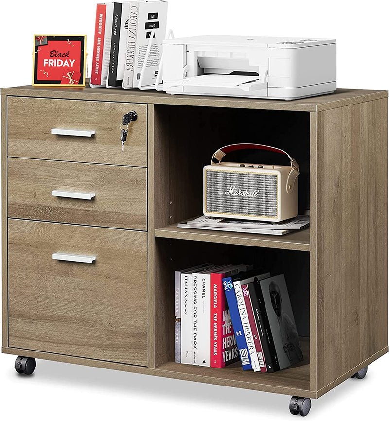 DEVAISE 3-Drawer Wood File Cabinet with Lock, Mobile Lateral Filing Cabinet, Printer Stand with Open Storage Shelves for Home Office, White Home & Garden > Household Supplies > Storage & Organization DEVAISE Gray Oak 32" W x 16" D x 26" H 