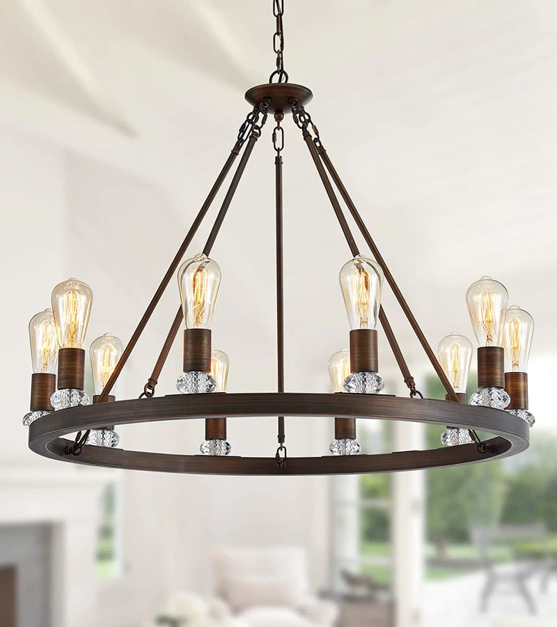 MEIXISUE Large Modern Wagon Wheel Chandelier Gold Metal round Luxury Industrial Country Chandelier Light Fixture for Dining Room Living Room Foyer Entryway W40.55 12-Lights UL Listed Home & Garden > Lighting > Lighting Fixtures > Chandeliers MEIXI 10-Lights brown  