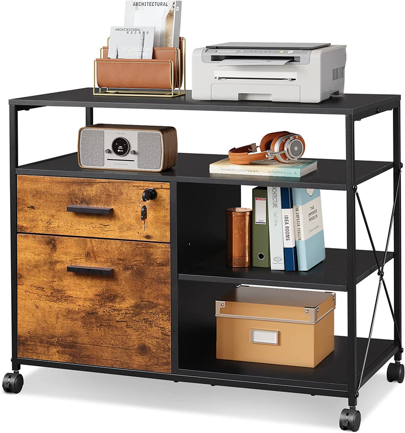 DEVAISE 2 Drawer Wood File Cabinet with Lock, Mobile Printer Stand with Open Storage Shelf, Lateral Filing Cabinet Fits A4 or Letter Size for Home Office, Black Home & Garden > Household Supplies > Storage & Organization DEVAISE Rustic Brown Full Size Board 