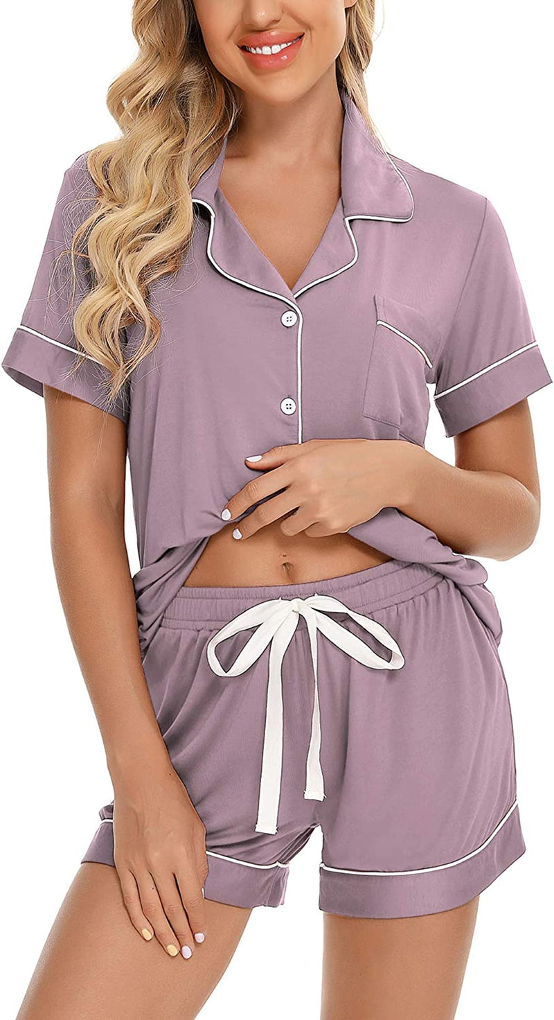 Samring Women'S Button down Pajama Set V-Neck Short Sleeve Sleepwear Soft Pj Sets S-XXL  Samring A Style Pants No Pockets-violet X-Large 
