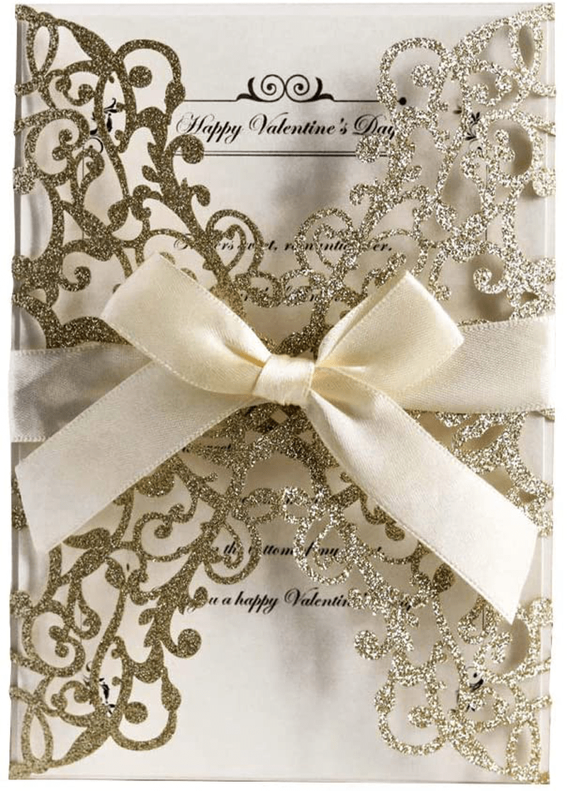 AdasBridal 50Pcs Glitter Floral Laser Cut Wedding Invitation Cards with Envelope Blank Inner Sheet and Ribbon for Wedding Engagement Bridal Shower Party Invite(7.09 X 4.92inch, Gold) Arts & Entertainment > Party & Celebration > Party Supplies > Invitations AdasBridal Gold  