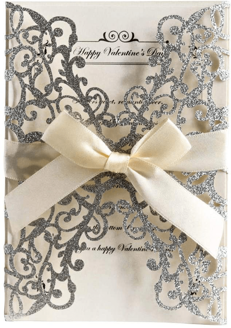 AdasBridal 50Pcs Glitter Floral Laser Cut Wedding Invitation Cards with Envelope Blank Inner Sheet and Ribbon for Wedding Engagement Bridal Shower Party Invite(7.09 X 4.92inch, Gold) Arts & Entertainment > Party & Celebration > Party Supplies > Invitations AdasBridal Silvery  