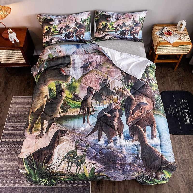 ADASMILE a & S Kids Dinosaur Bedding Soft Dinosaur Comforter Set Queen Size 90" X 90" Dinosaur Prints Bed Set Boys Comforter with 2 Pillowcases Boys Bedding Comforter Microfiber Fabric