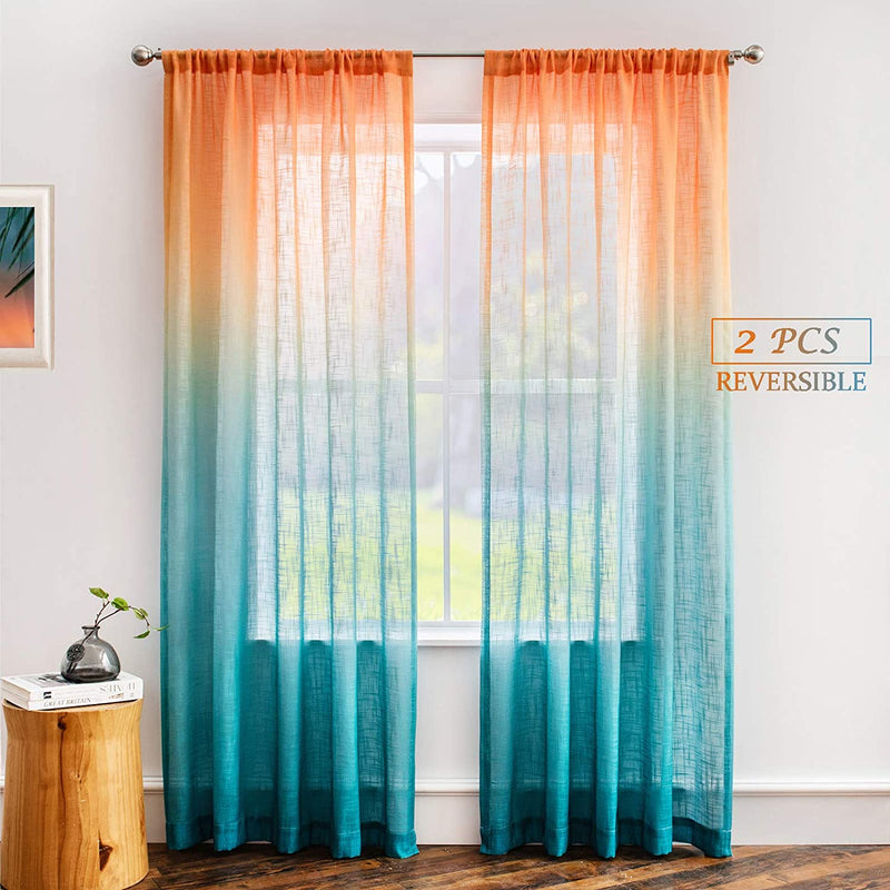 Melodieux Linen Textured Ombre Semi Sheer Curtains 84 Inches Long for Bedroom Living Room Sunset Rod Pocket Gradient Drapes, Orange Green Teal Turquoise Mint, 52 X 84 Inch (2 Panels) Home & Garden > Decor > Window Treatments > Curtains & Drapes Melodieux Orange Green 52x84 Inch 