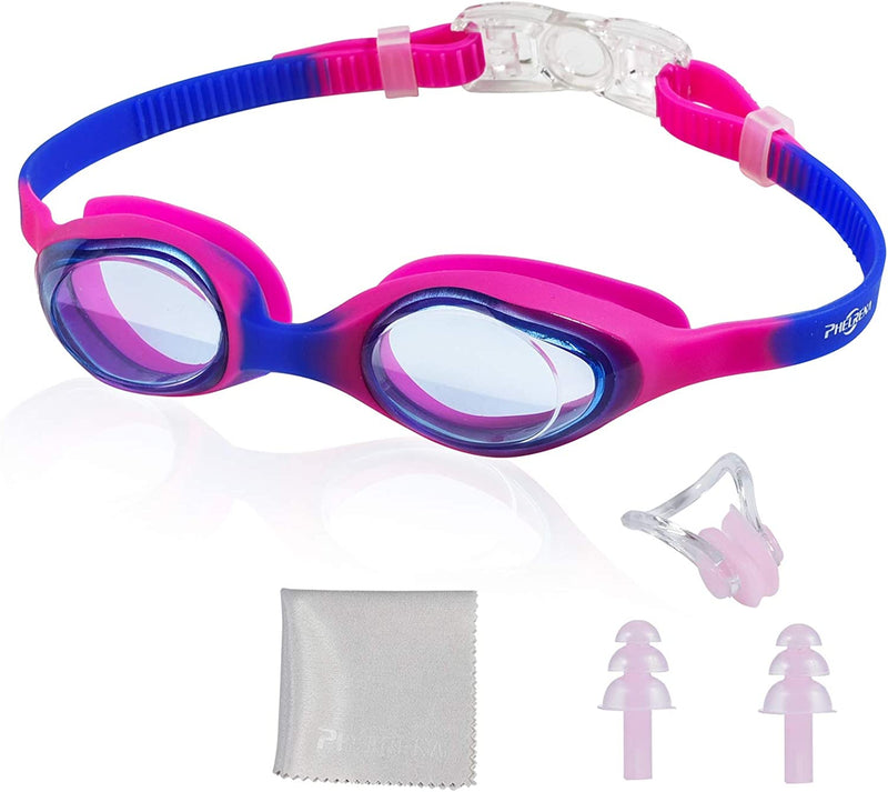 PHELRENA Kids Swim Goggles with Earplugs Nose Clip, Kid Swimming Goggles with Anti-Uv, Anti-Fog Lenses
