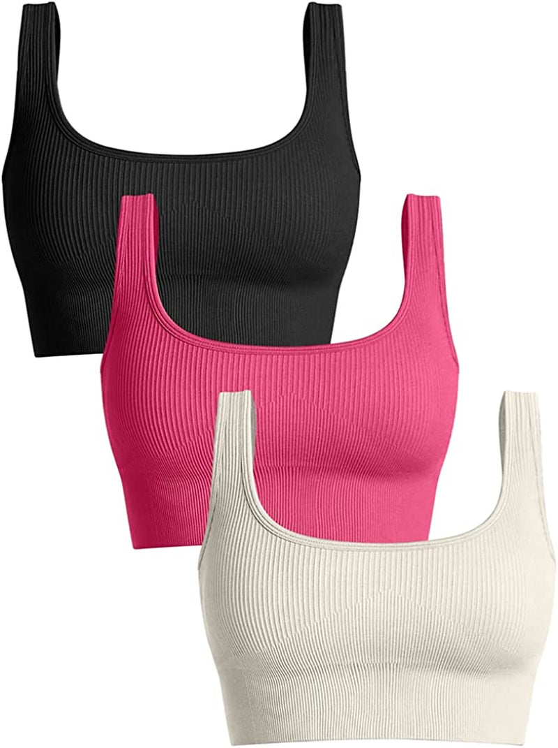 OQQ Women'S 3 Piece Medium Support Tank Top Ribbed Seamless Removable Cups Workout Exercise Sport Bra Sporting Goods > Outdoor Recreation > Winter Sports & Activities OQQ Black Coral Beige Medium 