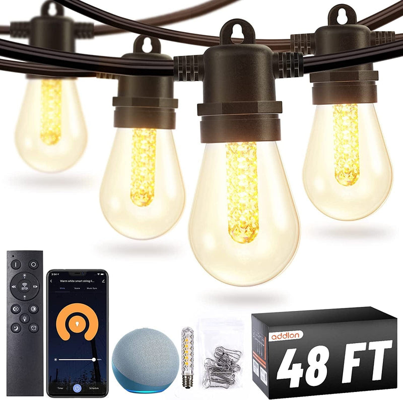 Addlon 48FT Smart Outdoor String Lights with APP & Remote Control, Music Sync Waterproof Patio Lights with Dimmable Edison Shatterproof Bulbs, Extendable for Patio, Porch