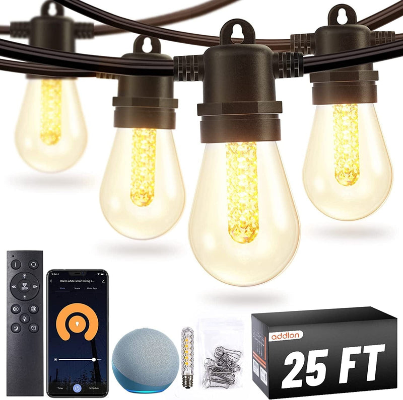 Addlon 48FT Smart Outdoor String Lights with APP & Remote Control, Music Sync Waterproof Patio Lights with Dimmable Edison Shatterproof Bulbs, Extendable for Patio, Porch Home & Garden > Lighting > Light Ropes & Strings addlon 25FT  