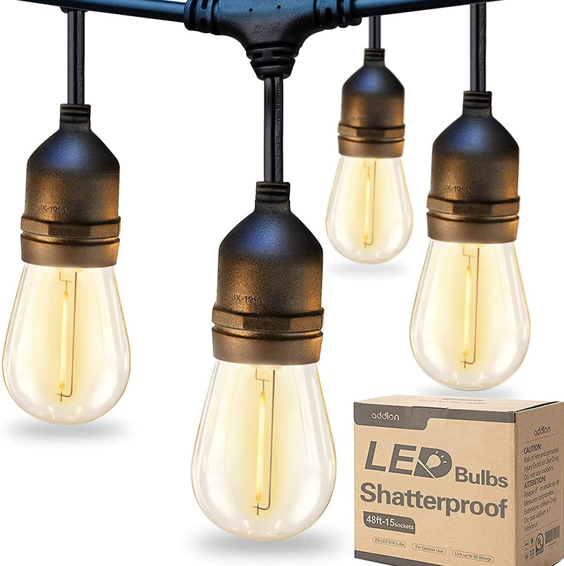 Addlon LED Outdoor String Lights 48FT with 2W Dimmable Edison Vintage Shatterproof Bulbs and Commercial Grade Weatherproof Strand - ETL Listed Heavy-Duty Decorative Lights for Patio Garden Home & Garden > Lighting > Light Ropes & Strings addlon Black 48FT 