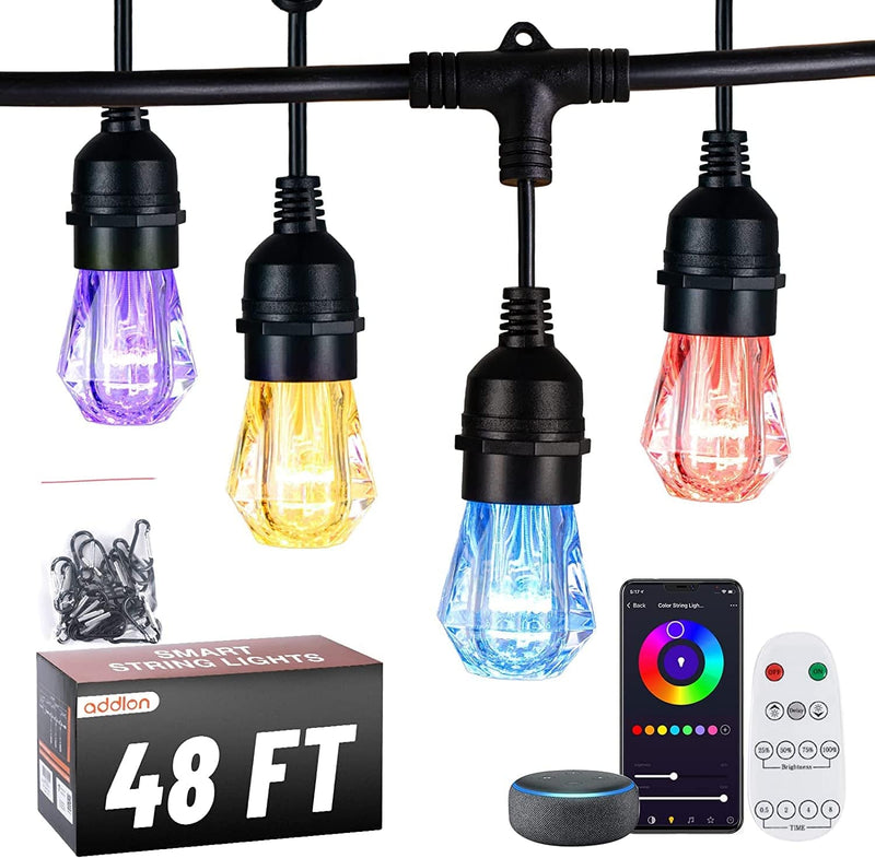 Addlon LED Outdoor String Lights 48FT with 2W Dimmable Edison Vintage Shatterproof Bulbs and Commercial Grade Weatherproof Strand - ETL Listed Heavy-Duty Decorative Lights for Patio Garden Home & Garden > Lighting > Light Ropes & Strings addlon RGB (Red, Green, Blue) 48FT(RGB Diamond Smart) 