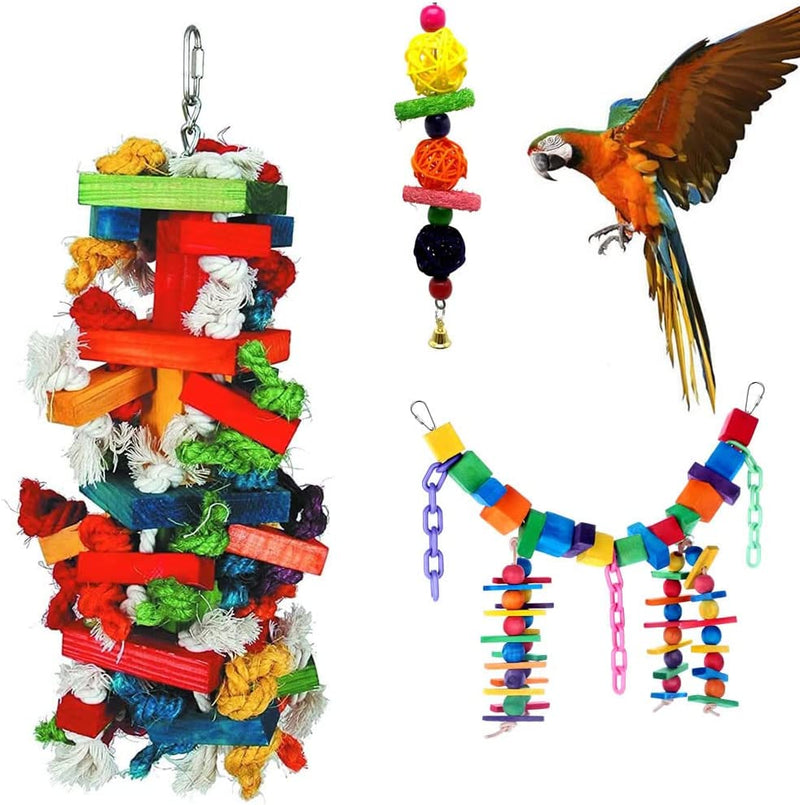 Bird Knots N Blocks Chew Toys for Large Parrot, Macaw Toys,Bird Swing Toys with Bells , Chew Toys with Colorful Loofah Balls, Parrot Cage Toys Set (3 Pack) Animals & Pet Supplies > Pet Supplies > Bird Supplies > Bird Toys Mrli Pet   