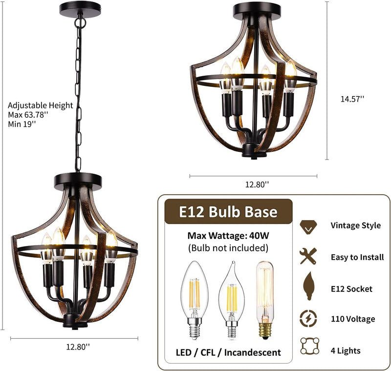Farmhouse Chandelier - 4-Light Flush Mount Ceiling Light Dining Room Light Fixtures over Table Chandeliers Metal Adjustable Height Hanging Lamp E12 Base for Kitchen Island Bedroom Entryway Home & Garden > Lighting > Lighting Fixtures > Chandeliers FRIDEKO HOME   