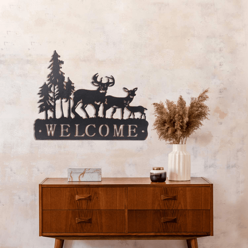 Adeco Deer and Pine Tree Welcome Sign Metal Wall Decor for Living Room, Bedroom, Bathroom Indoor Outdoor Deer Wall Art 15.7" x 12.2" Home & Garden > Decor > Artwork > Sculptures & Statues Adeco   