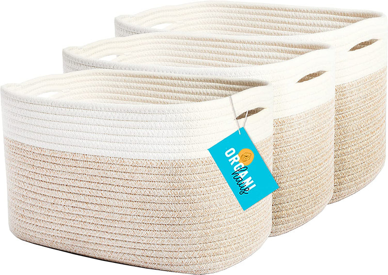 Organihaus 3-Pack Rope Rainbow Storage Baskets for Shelves | Rainbow Baskets for Classroom | Baby Basket for Nursery Storage | Rainbow Storage Bins & Toy Organizer | Colorful Baskets for Baby Room Home & Garden > Household Supplies > Storage & Organization OrganiHaus Light Honey/Off White 3-Pack 