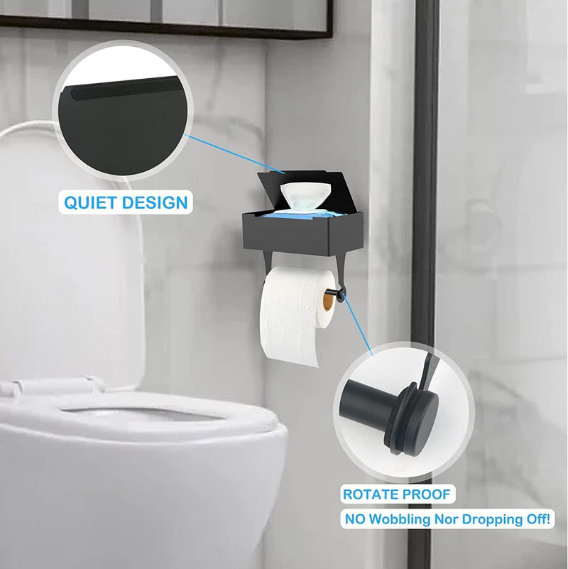 Adhesive Toilet Paper Holder with Shelf and Storage - Matte Black Toilet Paper Holder with Flushable Wipes Dispenser - Stainless Steel Toilet Paper Holder for Bathroom and Washroom