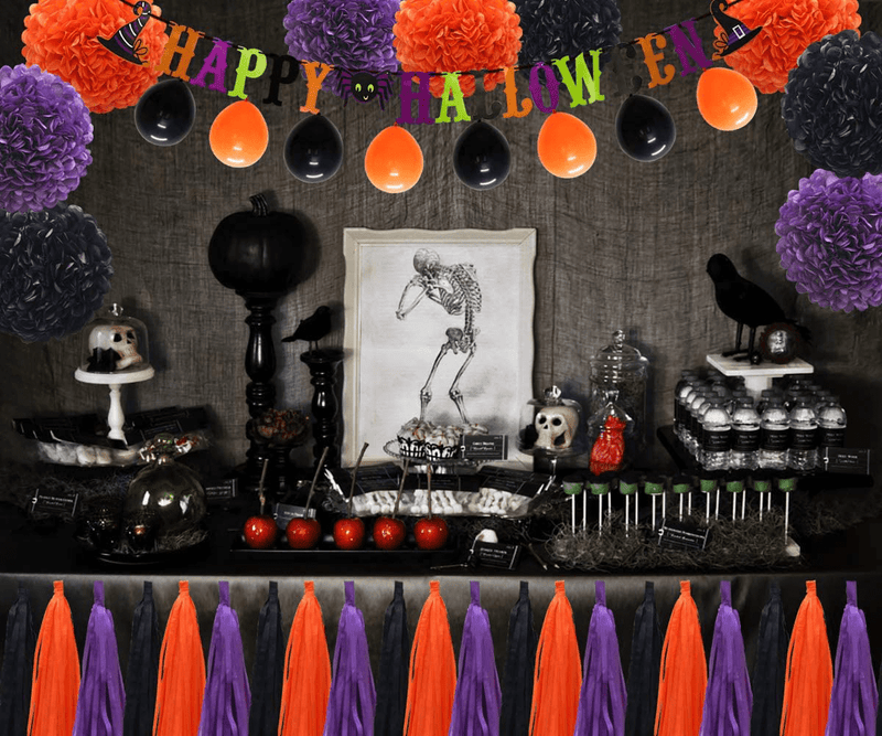 ADLKGG Halloween Orange Purple Black Party Decorations, “Happy Halloween” Banner, Balloons, Tissue Paper pom poms Flowers, Tassel DIY Party Garland, Birthday Party, Baby Shower, Festival Arts & Entertainment > Party & Celebration > Party Supplies ADLKGG   