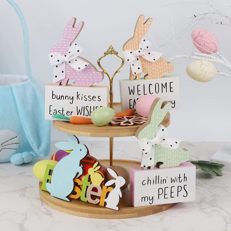 Adroiteet Set of 3 Easter Bunny Table Wooden Signs, Easter Tiered Tray Decor Bunny Figurine Rabbits Blocks, Spring Farmhouse Easter Tabletop Decorations for Table Shelf Kitchen Home & Garden > Decor > Seasonal & Holiday Decorations Adroiteet   