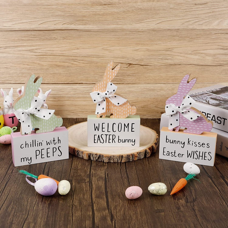 Adroiteet Set of 3 Easter Bunny Table Wooden Signs, Easter Tiered Tray Decor Bunny Figurine Rabbits Blocks, Spring Farmhouse Easter Tabletop Decorations for Table Shelf Kitchen Home & Garden > Decor > Seasonal & Holiday Decorations Adroiteet   