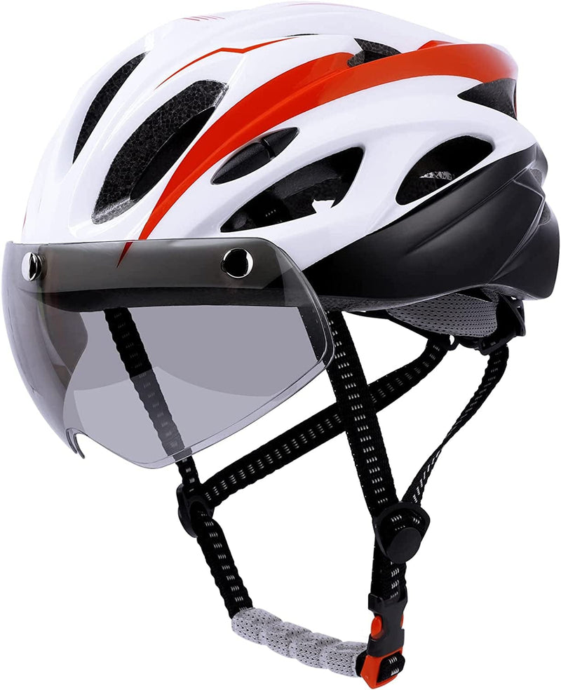 Adult Bike Helmet with Safety Rear Light, Cycling Helmet for Men Women with Detachable UV Protective Goggles Visor, Adjustable MTB Mountain Bicycle Helmet for Road Riding Urban Commuter Scooter Sporting Goods > Outdoor Recreation > Cycling > Cycling Apparel & Accessories > Bicycle Helmets SAMIT White & Red  