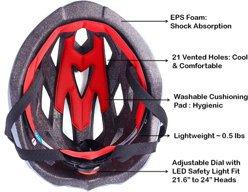 Adult Helmet with LED Light and Detachable Visor - Bicycle Cycling Mountain Bike Helmet for Men and Women - Adjustable Dial for Head Size 21.6" to 24" (M to L) Sporting Goods > Outdoor Recreation > Cycling > Cycling Apparel & Accessories > Bicycle Helmets SG Dreamz   
