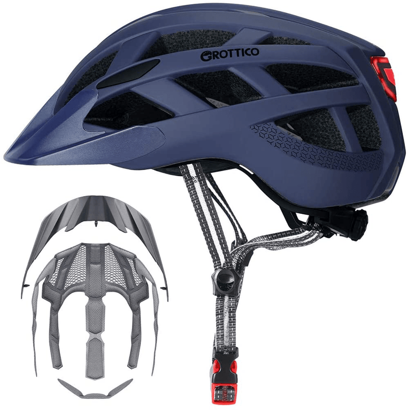 Adult-Men-Women Bike Helmet with Light - Mountain Road Bicycle Helmet with Replacement Pads & Detachable Visor Sporting Goods > Outdoor Recreation > Cycling > Cycling Apparel & Accessories > Bicycle Helmets GROTTICO Matte Dark Blue M(21.6-22.8 in/55-58cm) 