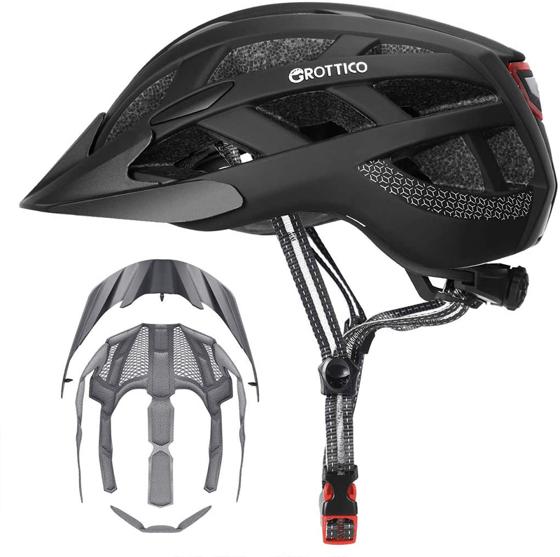 Adult-Men-Women Bike Helmet with Light - Mountain Road Bicycle Helmet with Replacement Pads & Detachable Visor Sporting Goods > Outdoor Recreation > Cycling > Cycling Apparel & Accessories > Bicycle Helmets GROTTICO Matte Black L(23-24 in/59-61cm) 