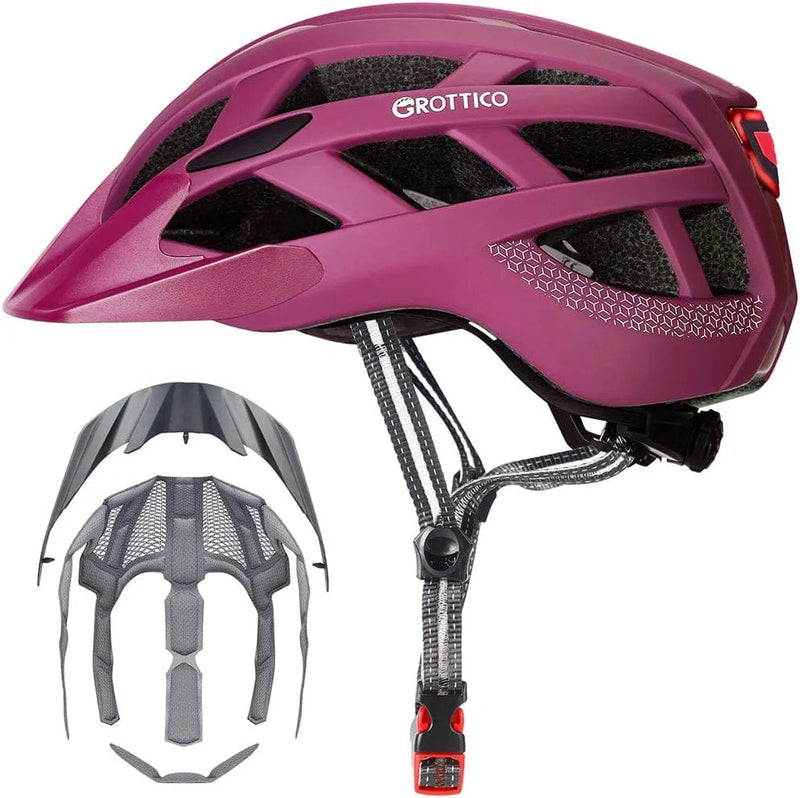 Adult-Men-Women Bike Helmet with Light - Mountain Road Bicycle Helmet with Replacement Pads & Detachable Visor Sporting Goods > Outdoor Recreation > Cycling > Cycling Apparel & Accessories > Bicycle Helmets GROTTICO Matte Magenta M(21.6-22.8 in/55-58cm) 