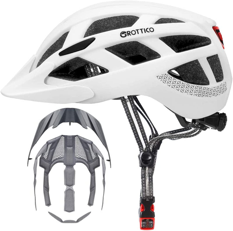 Adult-Men-Women Bike Helmet with Light - Mountain Road Bicycle Helmet with Replacement Pads & Detachable Visor Sporting Goods > Outdoor Recreation > Cycling > Cycling Apparel & Accessories > Bicycle Helmets GROTTICO Matte White L(23-24 in/59-61cm) 