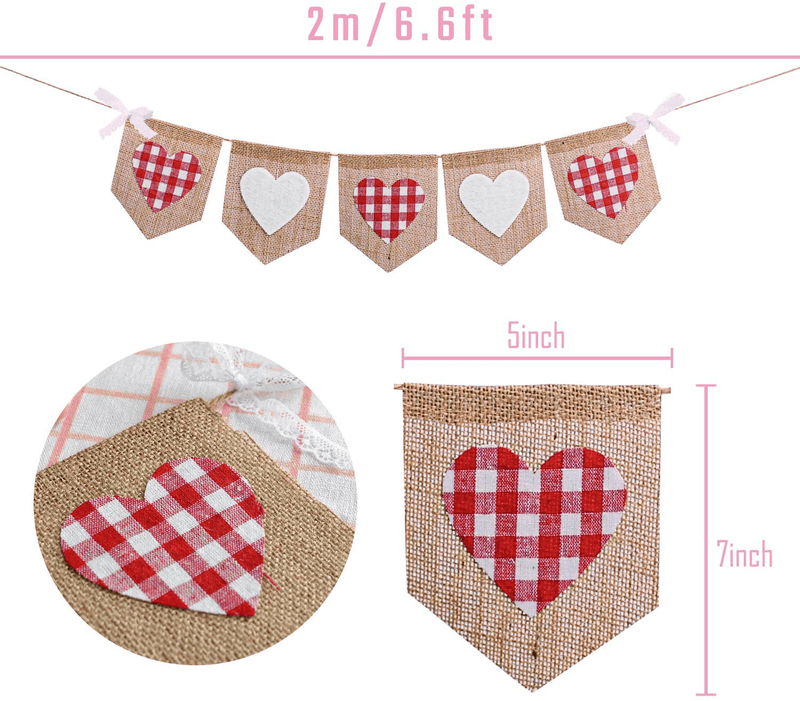 Adurself Heart Burlap Banner Garland Wedding Engagement Party Vintage Rustic Burlap Buffalo Plaid Red White Check Lace Banner Mantel Fireplace Wall Hanging for Birthday Bridal Shower Anniversary Arts & Entertainment > Party & Celebration > Party Supplies Adurself   