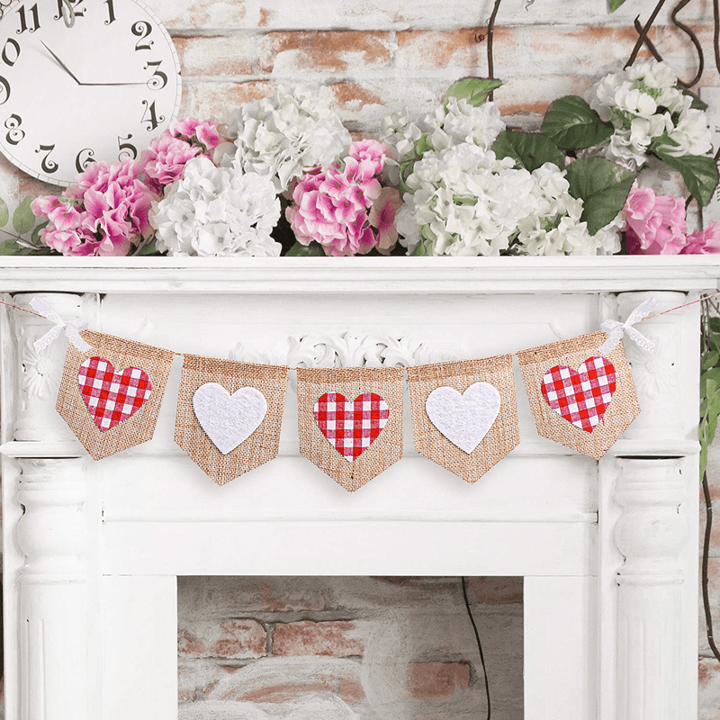 Adurself Heart Burlap Banner Garland Wedding Engagement Party Vintage Rustic Burlap Buffalo Plaid Red White Check Lace Banner Mantel Fireplace Wall Hanging for Birthday Bridal Shower Anniversary Arts & Entertainment > Party & Celebration > Party Supplies Adurself   