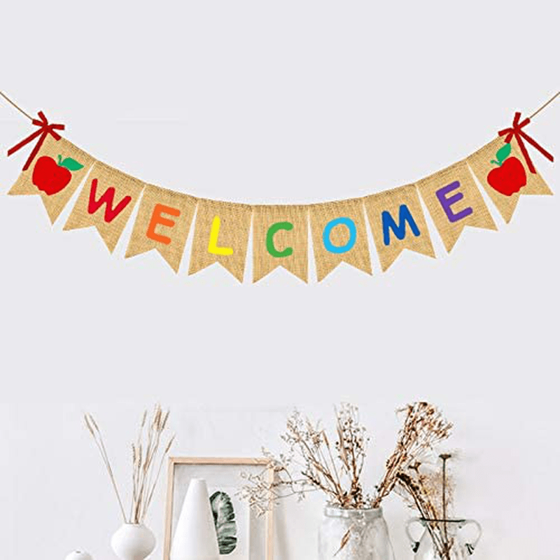 Adurself Welcome Burlap Banner Back to School Party Decorations First Day of School Jute Burlap Garland Wall Hanging for Pre School Kindergarten Office Teacher Classroom Welcome Party Decor Backdrop