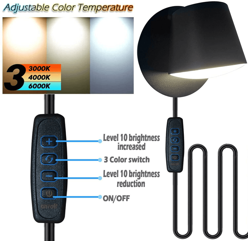 Adust Wall Lamps with Plug in Cord, Dimmable Wall Mounted Lamps, Bedroom Headboard Lamps for Bedroom, 8W 3000K 3000K, 4000K, 6000K (Black, 2 Pack)