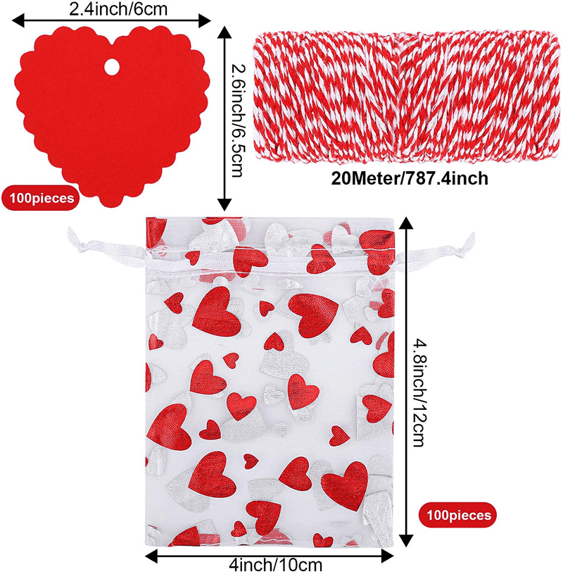 ADXCO 100 Pieces Valentines Organza Bags Love Heart Gift Bags Organza Drawstring Bags Valentines Day Gift Bags Valentine'S Day Heart Organza Bags with 100 Pieces Heart Tags, 20 M String