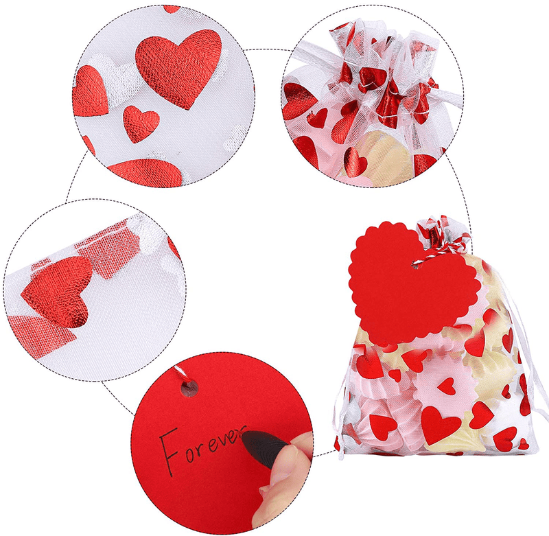 ADXCO 100 Pieces Valentines Organza Bags Love Heart Gift Bags Organza Drawstring Bags Valentines Day Gift Bags Valentine'S Day Heart Organza Bags with 100 Pieces Heart Tags, 20 M String
