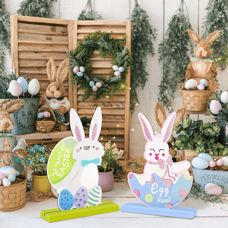 ADXCO 4 Pack Easter Bunny Table Decorations Wooden Bunny Tabletop Centerpieces Decorative Spring Rabbit Decorations for Easter Indoor Outdoor Dinner Party Table Decor Home & Garden > Decor > Seasonal & Holiday Decorations ADXCO   