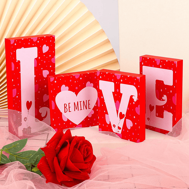 ADXCO Valentine Love Sign Valentines Day Love Blocks L-O-V-E Words Sign Freestanding Wooden Letters Gift Valentine'S Day Table Decor, Anniversary Table Decoration