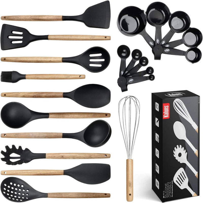 Kitchen Utensils Set, 21 Wood and Silicone Cooking Utensil Set, Non-Stick and Heat Resistant Kitchen Utensil Set, Kitchen Tools Home & Garden > Kitchen & Dining > Kitchen Tools & Utensils Kaluns Black  