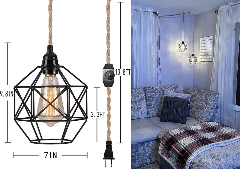 HXMLS Plug in Pendant Light,Hanging Lights with Plug in Cord 14Ft Hemp Rope Hanging Lamp Cage Lampshade Pendant Lighting Fixtures with Dimmable Switch for Living Room Bedroom Kitchen Island(2Pack) Home & Garden > Lighting > Lighting Fixtures HXZM   
