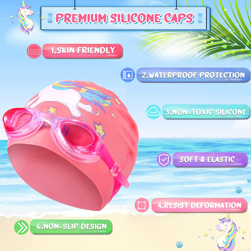 8 Pieces Silicone Swim Caps for Kids Girls Cute Unicorn Mermaid Swimming Caps Age 2-14 with Goggles Ear Plug Nose Clip Unisex Bathing Cap for Long and Short Hair Children Boys Girls Toddler Sporting Goods > Outdoor Recreation > Boating & Water Sports > Swimming > Swim Caps Zhanmai   