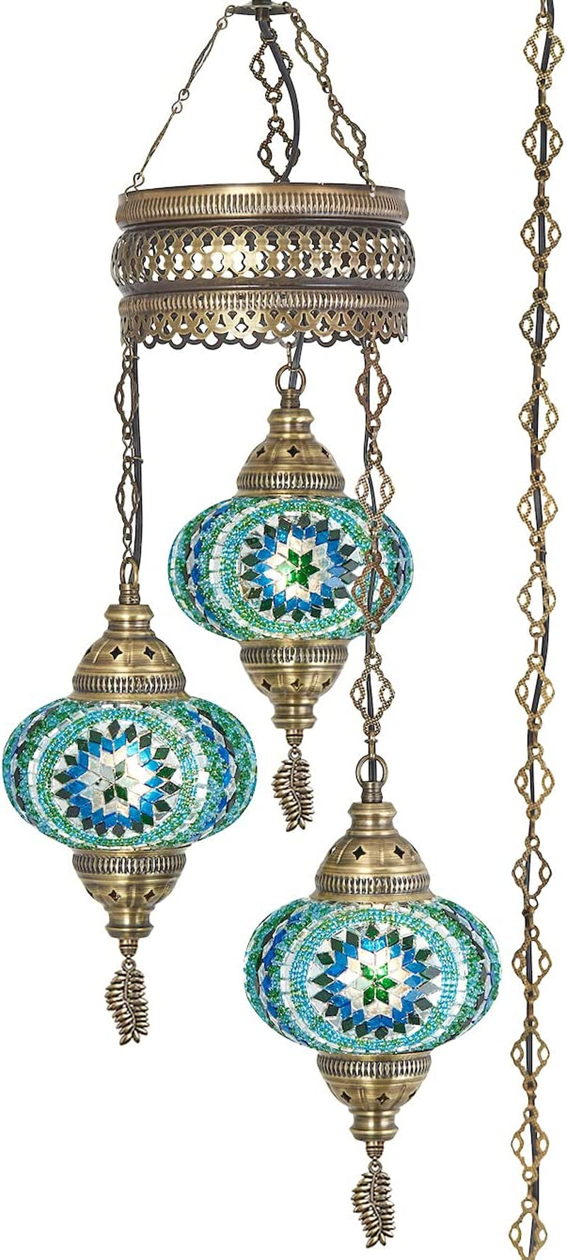 Demmex 2021 Turkish Moroccan Mosaic Swag Plug in Chandelier with 15Feet Cord Cable Chain & 3 Big Globes (Turquoise-Blue-Green) Home & Garden > Lighting > Lighting Fixtures > Chandeliers DEMMEX   