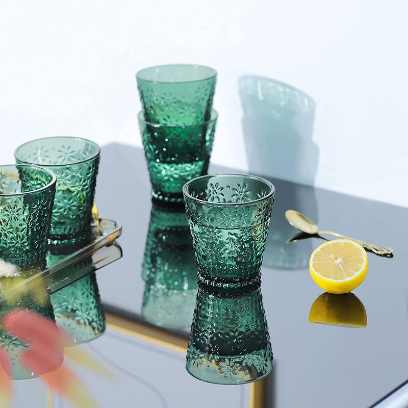 Joeyan Small Water Juice Glass Cups,Vintage Green Colored Drinking Glasses,Pretty Embossed Kitchen Glassware Set,Cute Floral Cup for Soda Lemonade Cocktail Wine,6 Pack,8.5 Oz,Dishwasher Safe Home & Garden > Kitchen & Dining > Tableware > Drinkware Joeyan   
