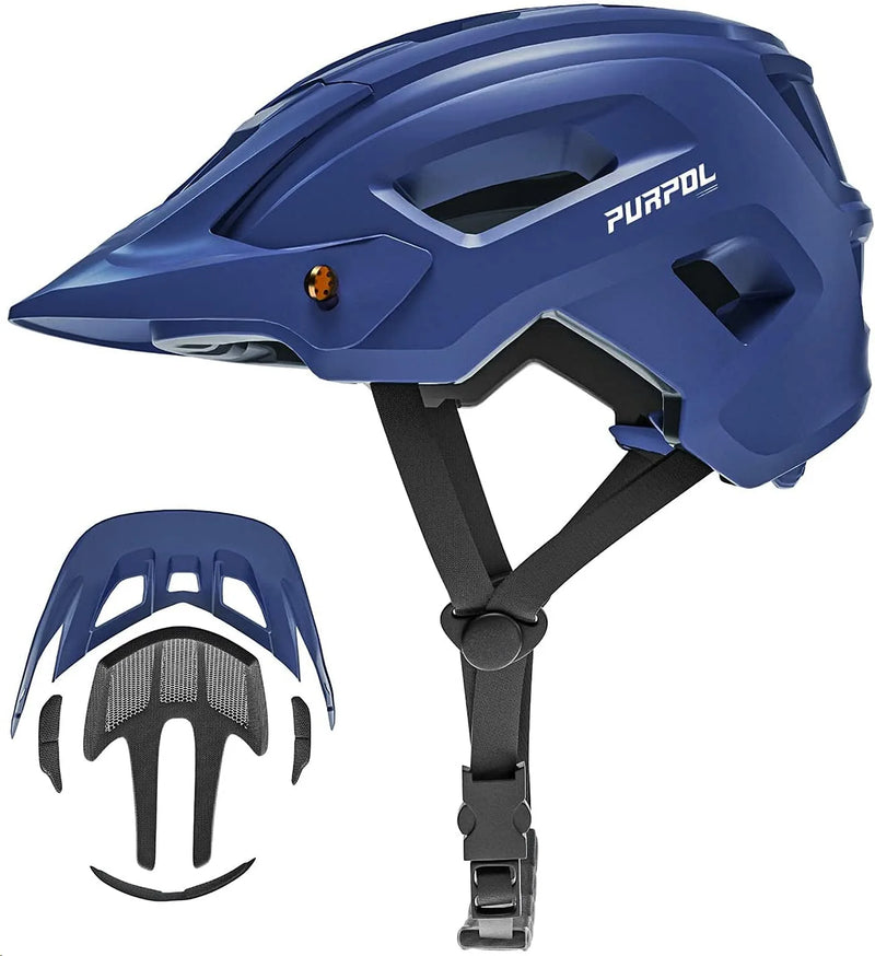 Purpol Adult Cycling Bike Helmet with Light for Adult Men Women Mountain Road Bicycle Helmet with Extra Replacement Pads & Detachable Visor(Ponytail Compatible) Sporting Goods > Outdoor Recreation > Cycling > Cycling Apparel & Accessories > Bicycle Helmets Purpol blue Medium (21.3-22.8 in/55-58cm)a 