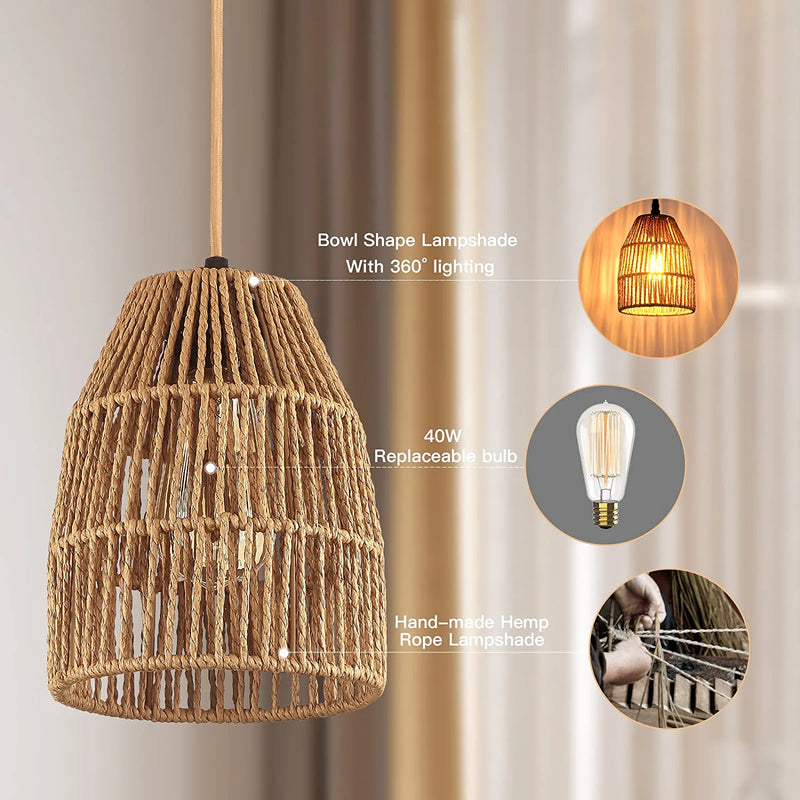 Plug in Pendant Light, Hanging Lights with 15Ft Golden Cotton Cord & Stepless Dimming Switch, Handwoven Hemp Rope Lampshade, Boho Hanging Lamp for Dining Room,Hallway (Bulb & 2 Swag Hooks Included)