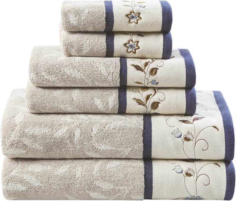 Madison Park Serene 100% Cotton Bath Towel Set Luxurious Floral Embroidered Cotton Jacquard Design, Soft and Highly Absorbent for Shower, Multi-Sizes, Purple 6 Piece Home & Garden > Linens & Bedding > Towels Madison Park Navy  