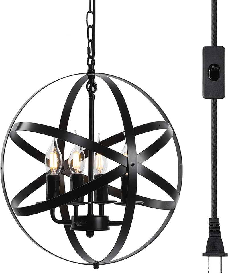 Lika 4-Light Plug in Farmhouse Chandeliers, Rustic Industrial Light Fixture with Spherical Shade, Black Pendant Lighting with 16.8 Ft Cord for Dining Room, Kitchen Island, Foyer Home & Garden > Lighting > Lighting Fixtures > Chandeliers xuzhenBusiness classic,plug in  